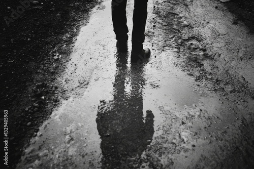 Solitary figure's reflection trails through a puddle on a rugged path, capturing the essence of a contemplative journey. photo