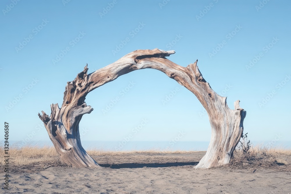 Fototapeta premium A weathered tree arch frames a landscape scene beneath bright skies