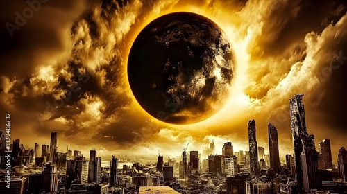  Apocalyptic Cityscape with Dark Planet and Fiery Clouds