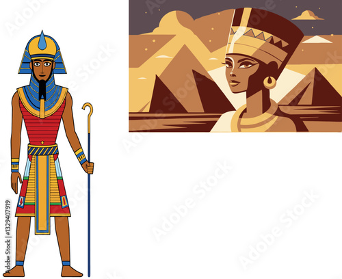 Egyptian pharaoh and queen with pyramids in background