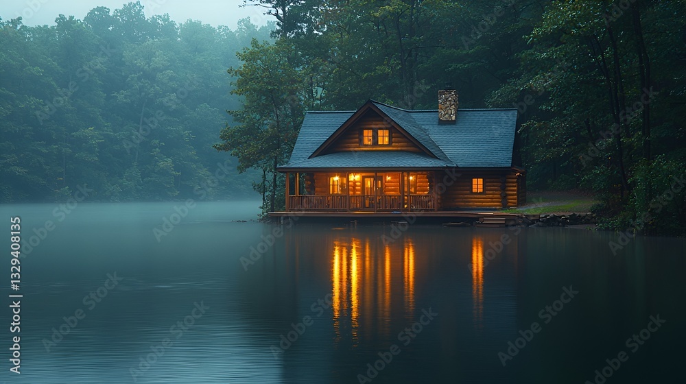 Fototapeta premium Misty Lakeside Cabin at Dawn