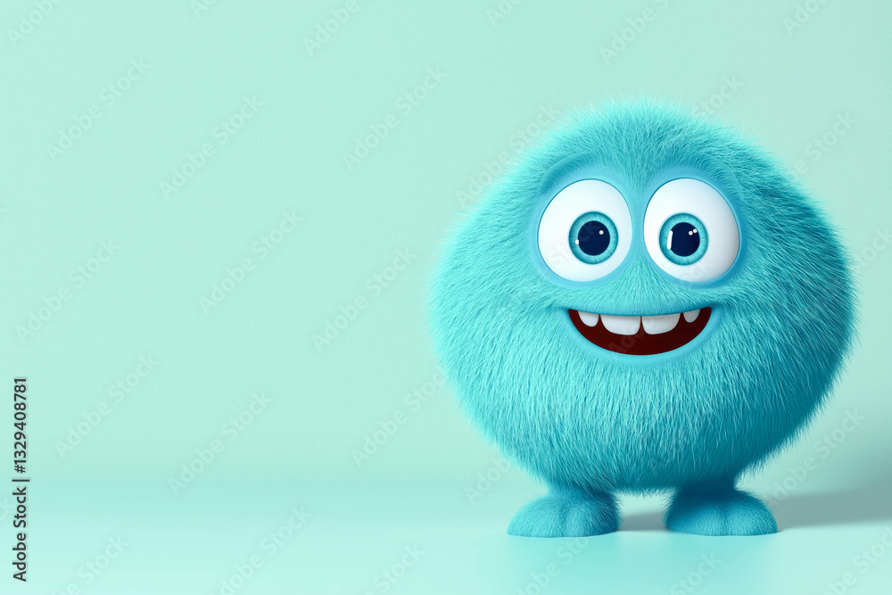 Fototapeta premium Cute blue furry monster with big eyes smiling happily on mint background