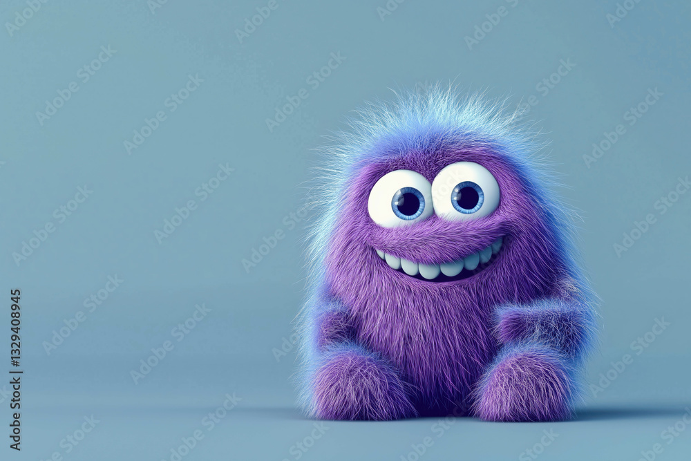 Fototapeta premium Cute purple furry monster with big eyes smiling in a minimalist setting