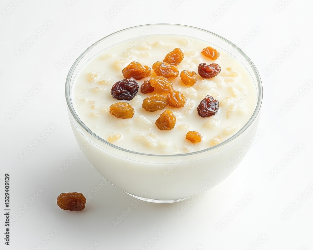 Creamy Rice Pudding with Golden and Dark Raisins in Glass Bowl Creamy Rice Pudding with Golden and Dark Raisins in Glass Bowl