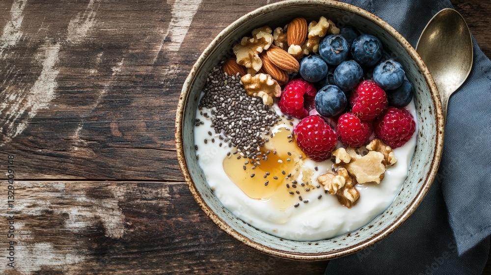A bowl of yogurt with nuts and berries on top A bowl of yogurt with nuts and berries on top