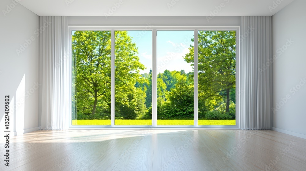 Fototapeta premium Bright Room Featuring Large Window Overlooking Lush Green Landscape