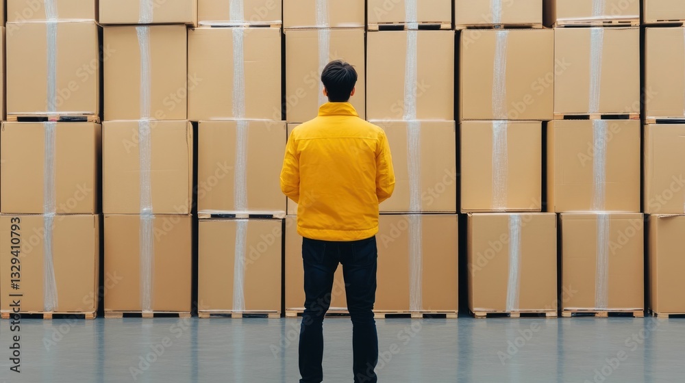 Careful and detailed inspection of large boxes and containers of goods supplies and merchandise in a warehouse or storage facility setting Careful and detailed inspection of large boxes and containers of goods supplies and merchandise in a warehouse or storage facility setting