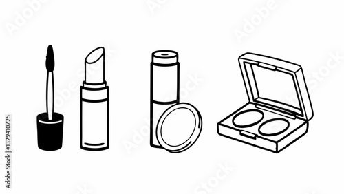 "Minimalistic thin line icons for makeup products, including lipstick, mascara, foundation, and eyeshadow palettes"