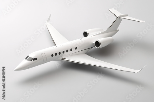 A sleek white private jet with elegant wings and powerful engines is displayed on a smooth neutral background with soft lighting  
