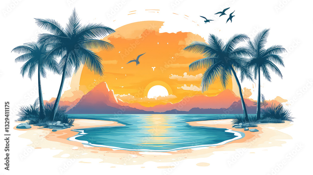Fototapeta premium Illustration of a tropical beach with palm trees isolated on transparent background. 