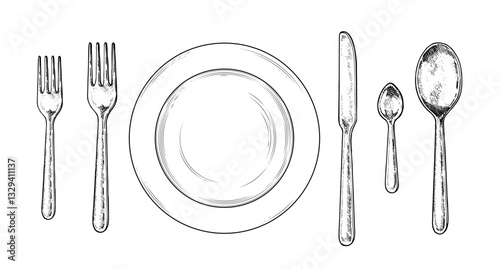 Elegant hand drawn vector illustration of a wedding table setting in black and white. Top view sketch featuring plate, silverware. Perfect for menus, event planning, and restaurant designs