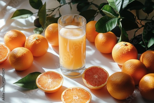 Freshly squeezed orange juice accompanied by vibrant oranges and green leaves, perfect for a refreshing beverage.