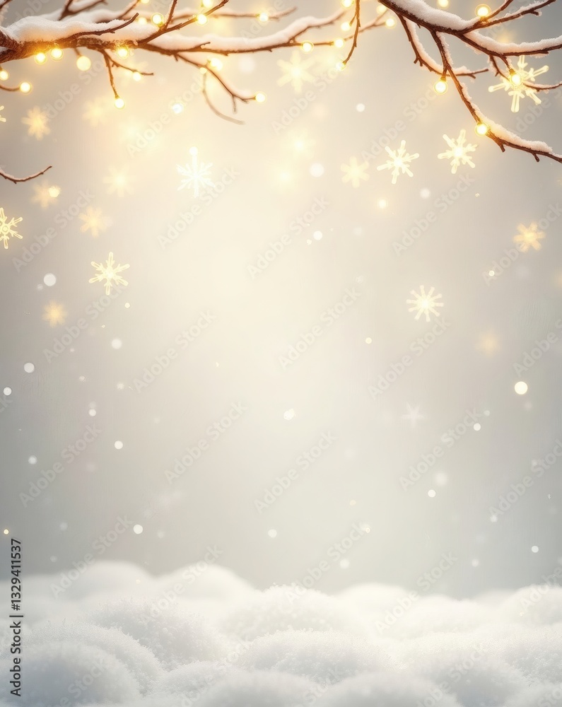 winter scene of snow, string lights, and snowflakes creating a festive atmosphere winter scene of snow, string lights, and snowflakes creating a festive atmosphere