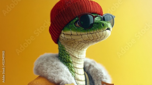 A fashionable snake clad in trendy apparel and accessories, blending humor and style while highlighting the unique charm and personality found in unexpected creatures.