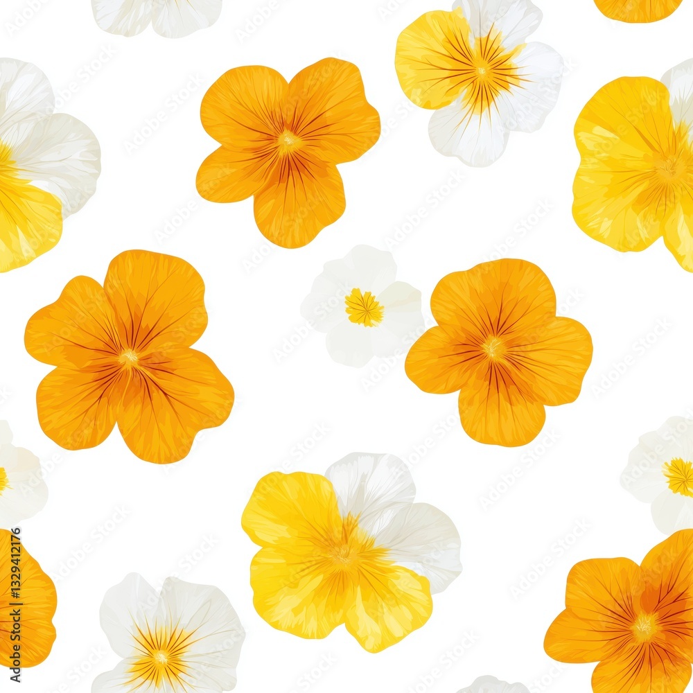 Delicate Nasturtium Flowers in Vibrant Warm Tones Creating a Beautiful Floral Pattern on a White Background Delicate Nasturtium Flowers in Vibrant Warm Tones Creating a Beautiful Floral Pattern on a White Background