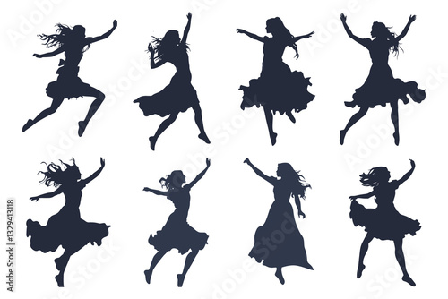 Dancing Women black silhouettes, Vector silhouettes of girls dancing in different positions high quality silhouettes isolated on white background