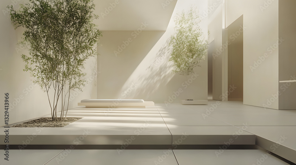 Fototapeta premium An aesthetically pleasing minimalist office with clean lines, monochromatic tones, and a touch of greenery for balance