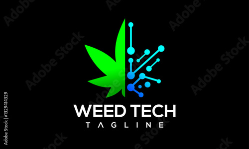 Marijuana Leaf Weed Cannabis Technology Logo Design, Bio Tech Logo, Healthcare Fitness Medicine Logo, Science Pharmacy Lab Logo Design Vector Icon Symbol Silhouette Illustration CBD oil company brand 