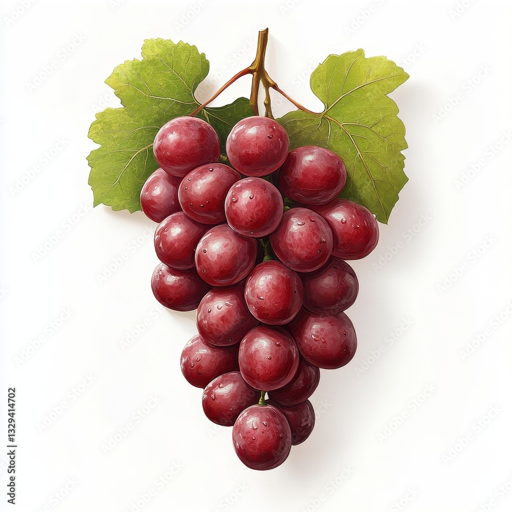 Fototapeta premium Ripe Red Grapes with Green Leaves on White Background