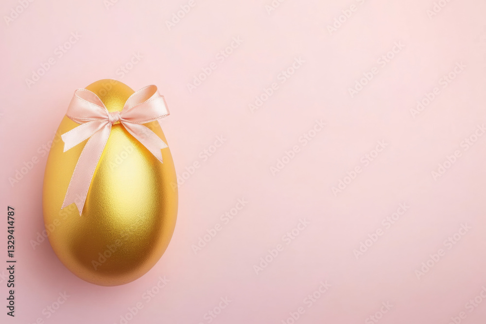 Elegant golden egg with pink ribbon on soft pastel background Elegant golden egg with pink ribbon on soft pastel background
