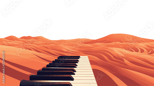 The image is a digital illustration featuring a set of piano keys extending from the bottom edge into a stylized desert landscape. The desert is rendered in shades of orange and white, with