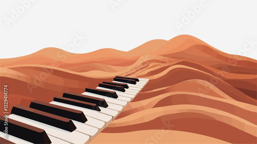 The image is a digital illustration depicting a set of piano keys partially submerged in a stylized desert landscape. The keys are rendered realistically, with distinct white and black keys. The