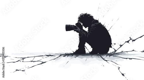 The image is a monochrome illustration depicting the silhouette of a person crouched down, holding a camera to their eye. The style is minimalist and graphic, with stark contrasts between black and