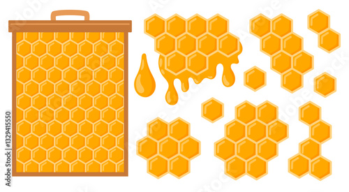 Honeycomb with bee honey set. Apiary collection objects. Beeswax. Organic honey drop. Vector illustration isolated on white background