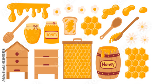 Honey products set. Apiary collection objects. Honey jar, beehive, flowers, honeycomb, wooden dipper, barrel. Vector illustration isolated on white background
