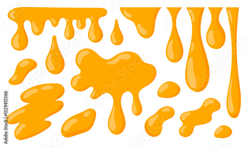 Honey dripping set. Sticky sweet dripping spots, flowing sugar syrup, yellow viscous liquid. Lemon jelly. Cheese  drop. Vector illustration isolated on white background