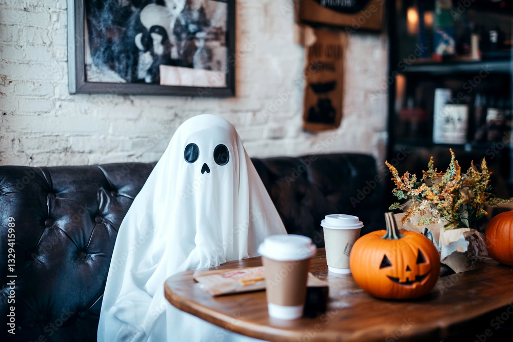 A spooky yet charming Halloween-themed coffee cup with ghost-shaped latte art, set against a warm, light background. Halloween parties, seasonal drinks, and creative cafe concepts