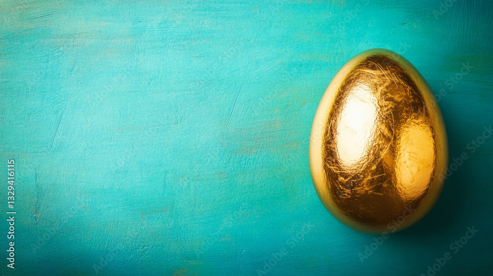 Golden egg resting on a vibrant blue surface in a creative setting Golden egg resting on a vibrant blue surface in a creative setting
