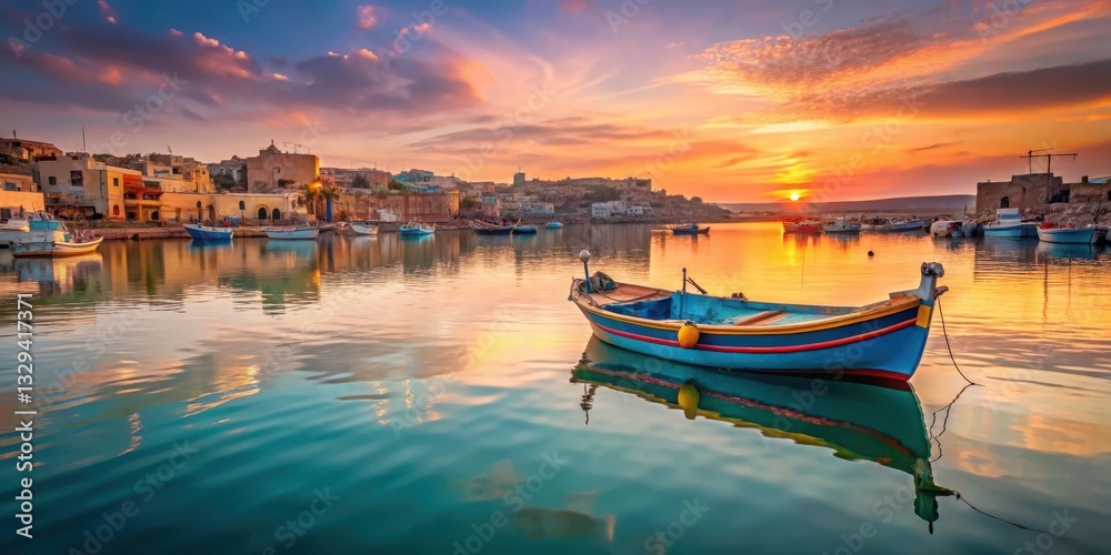 Fototapeta premium Luzzu boat in Marsaxlokk harbor at sunset, marina scene, marsaxlokk harbor, marina scene