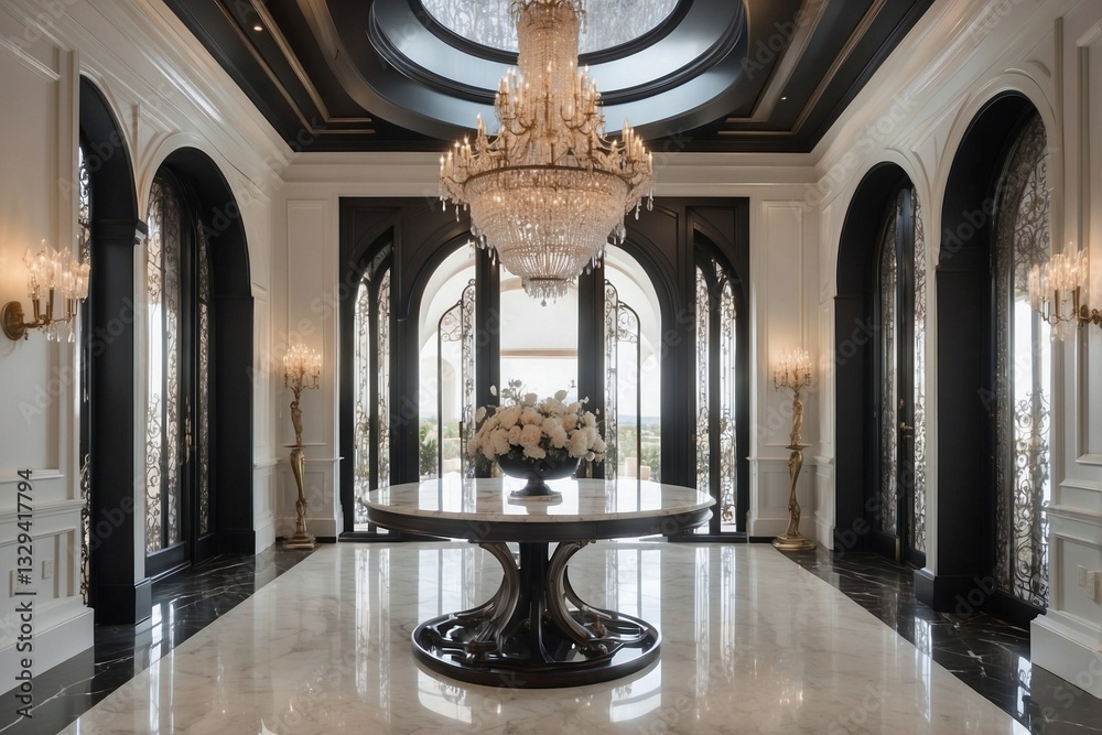 Fototapeta premium Foyer with Chandeliers and a Chandelier Located on a Large Open Floor with Glass Doors and Beautiful Sculptural Details
