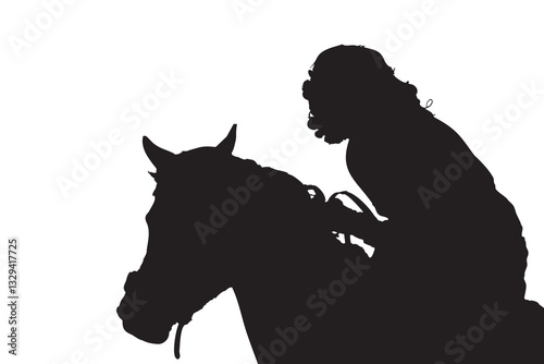 Silhouette of a horse and jockey in harness racing, featuring a horse-drawn carriage in motion, isolated on a white background.
