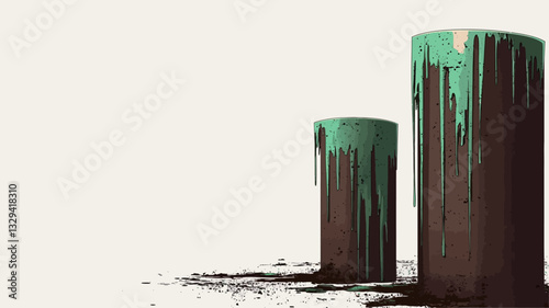 The image depicts two cylindrical forms, one larger than the other, positioned against a plain off-white background.  The cylinders appear to be made of a dark brown material with a light teal or