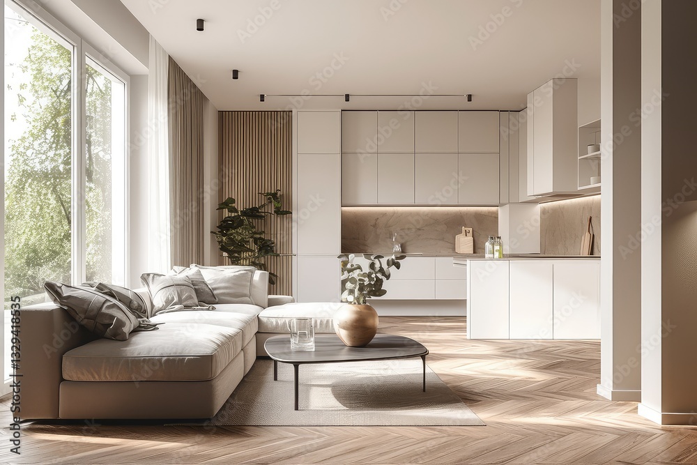Fototapeta premium Modern open-plan apartment living room kitchen sunlight