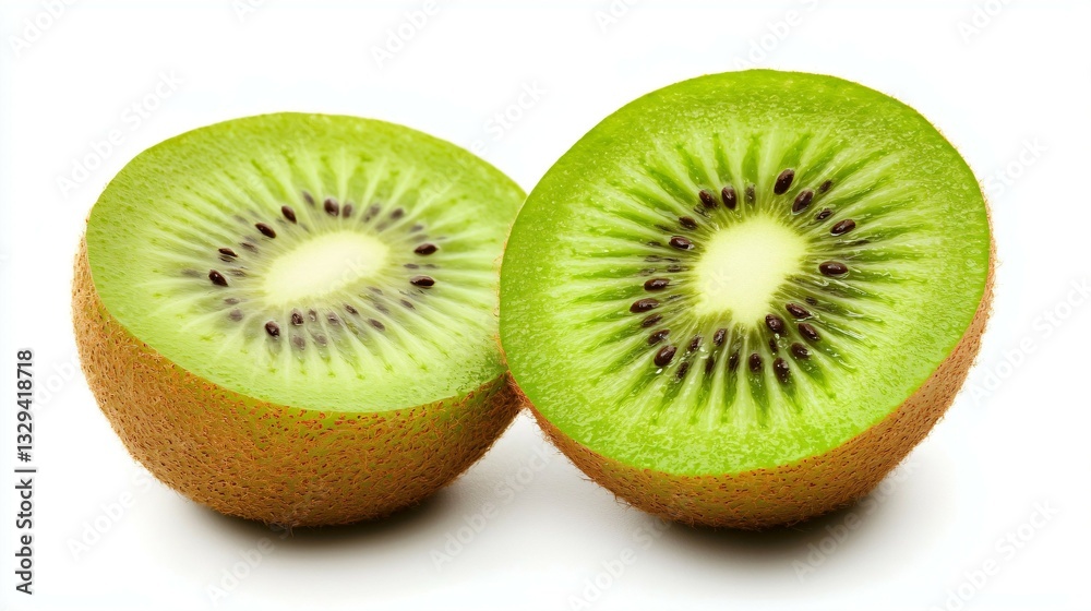 Fresh Kiwi Halves with Vibrant Green Texture and Seeds, Isolated on White Background Fresh Kiwi Halves with Vibrant Green Texture and Seeds, Isolated on White Background