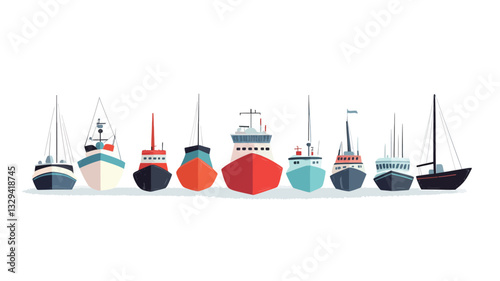 A digital illustration showing a horizontal row of various boats and ships in a simplified, flat design style.  The vessels are depicted from a rear view, displaying a variety of sizes and shapes,