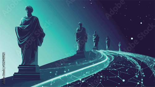 The image is a digital illustration featuring a series of classical-style statues positioned along a curving, luminous path.  The path is composed of glowing lines and nodes, suggesting a digital