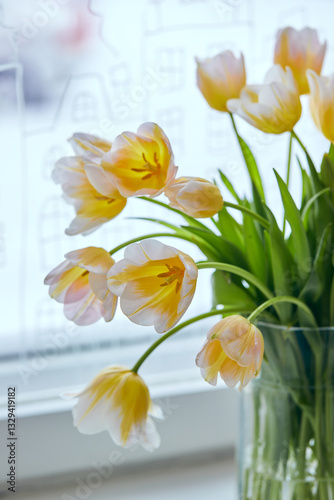 Wallpaper Mural Bouquet of white and yellow tulips in a vase on the window. Delicate flowers for the holiday Torontodigital.ca