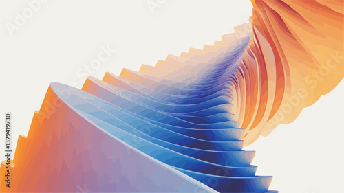 Close-up view of an abstract digital illustration featuring swirling, layered forms.  The forms are rendered in a gradient of orange, blue, and white, creating a smooth transition between colors.