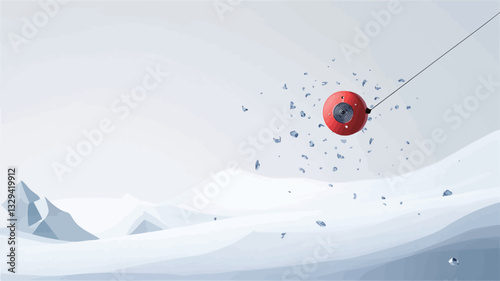 The image presents a minimalist 3D rendering of a red sphere suspended as a pendulum over a stylized white landscape. The landscape features undulating white surfaces suggestive of snow or ice,