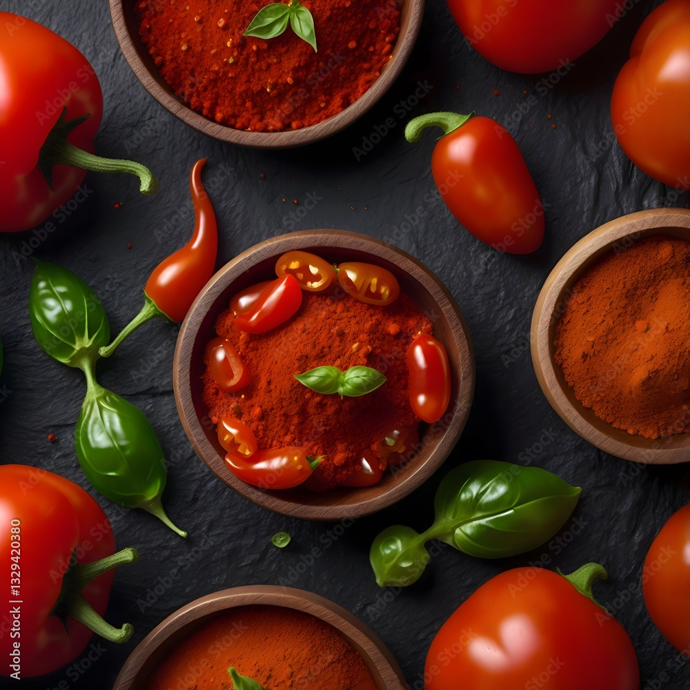 Ultra-Realistic Food Composition of Fresh Tomatoes, Basil, and Paprika Powder in Wooden Bowls Ultra-Realistic Food Composition of Fresh Tomatoes, Basil, and Paprika Powder in Wooden Bowls