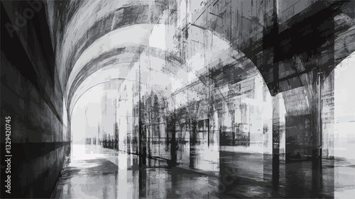 The image presents an abstract representation of architectural forms in monochrome.  It features blurred, overlapping lines and shapes suggesting arches, pillars, and a long corridor or interior