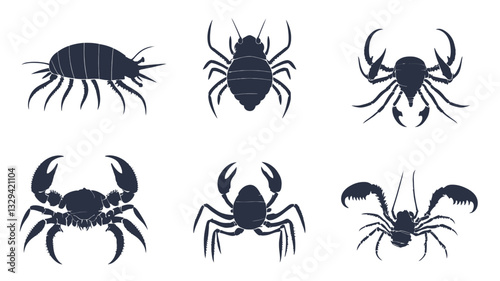 The image contains a collection of six stylized silhouettes of crustaceans.  The silhouettes are dark blue against a white background. The crustaceans depicted include variations of crabs,