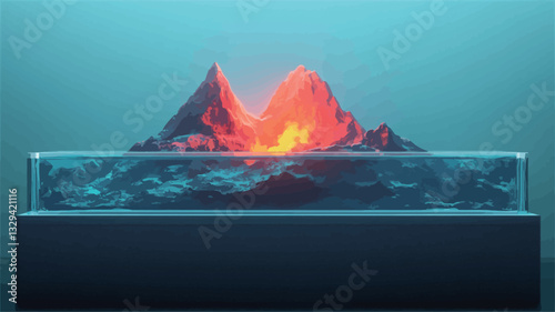 A digital rendering depicts a minimalist abstract landscape. Two stylized, low-poly mountains resembling a volcano with glowing orange and red lava are centrally positioned within a rectangular,