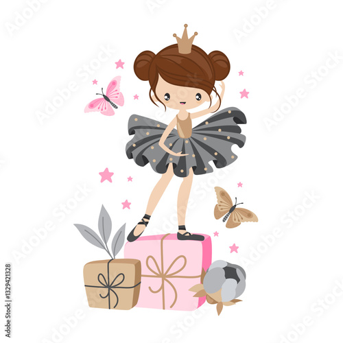 Vector illustration of a cute ballerina in a beautiful dress with butterflies. Print for printing on clothes and postcards.