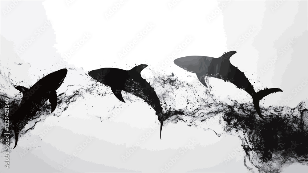 Fototapeta premium A monochrome image depicting three stylized sharks in mid-leap. The sharks are rendered in shades of gray and black against a white background, with abstract ink-like washes suggesting movement in