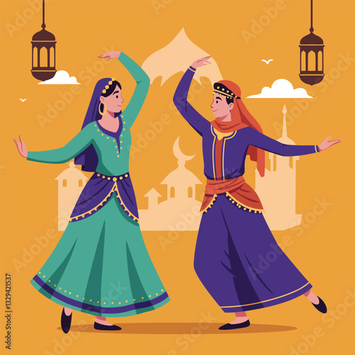Traditional Dance Performance Couple in Traditional Clothing with Mosque Background